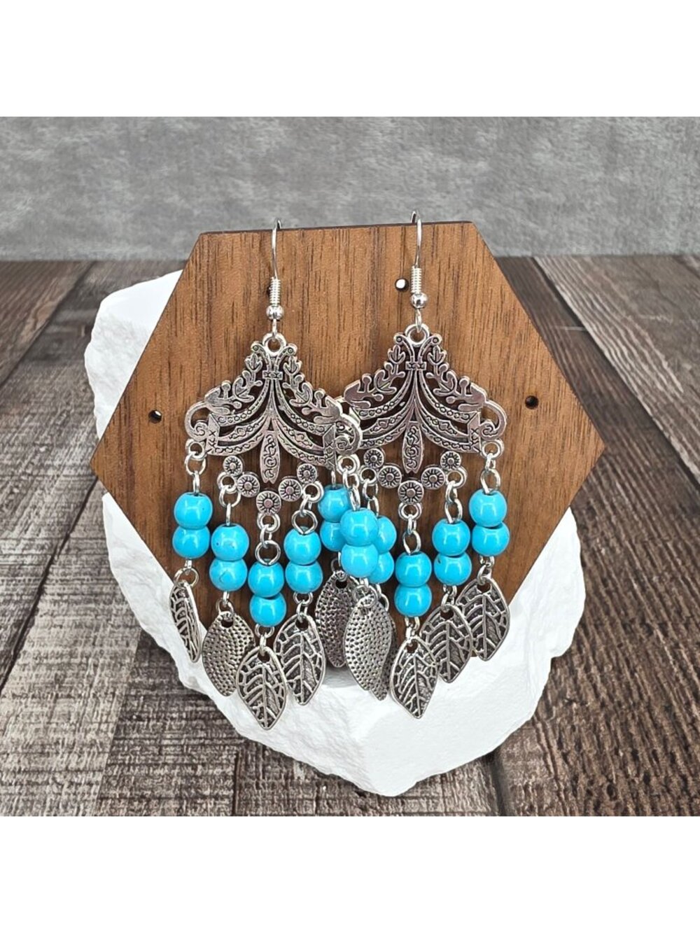 Fashion Earrings Dangle Silver Tone Faux Turquoise Chandelier Boho Southwestern